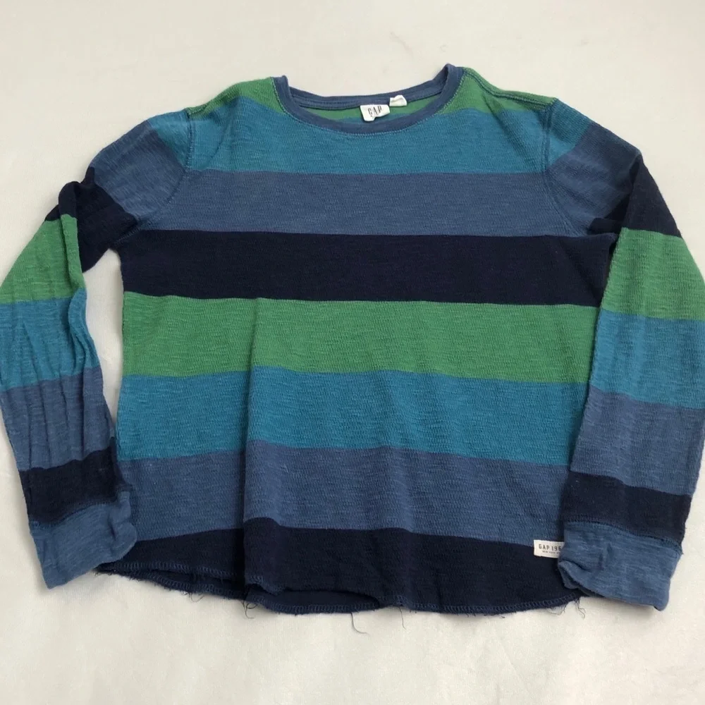 Gap striped turquoise green navy waffle knit thermal shirt M